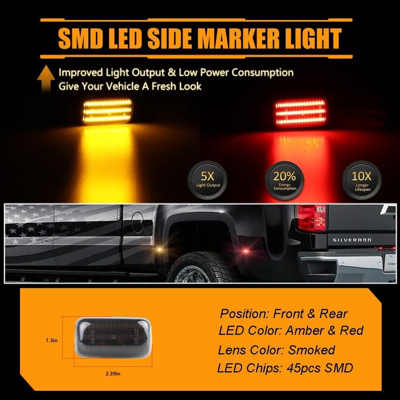 OFFKAT Front & Rear Side Marker Lights for Chevy Silverado GMC Sierra 2500HD 3500HD 2015-2023, Smoked Lens Bumper Lamps, [3 Light Beads 45 SMD Chips Super Bright] Amber & Red Turn Signal Lights, 4 PCS - Image 3